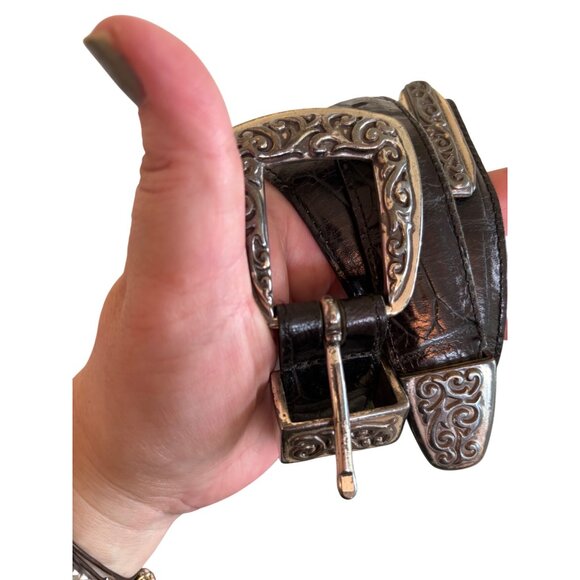 Brighton Embossed Black Leather Belt With Silver-Toned Scroll Buckle Women - Picture 10 of 13